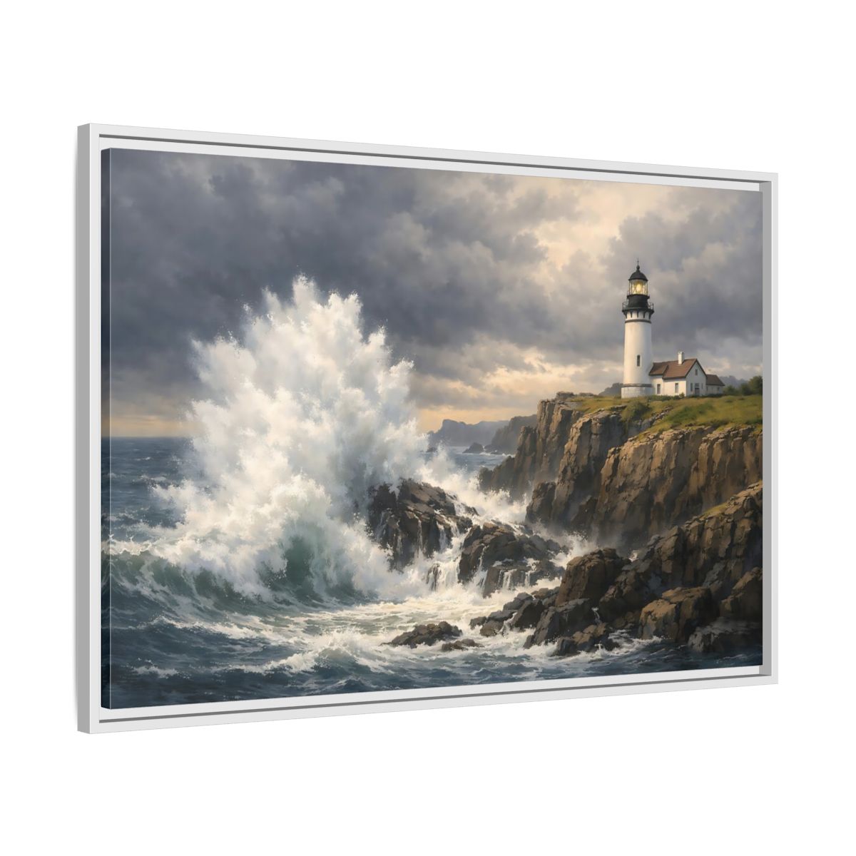 Side Mockup 9. Nature Lighthouse Waves Coastal Storm shown as stretched canvas wall art