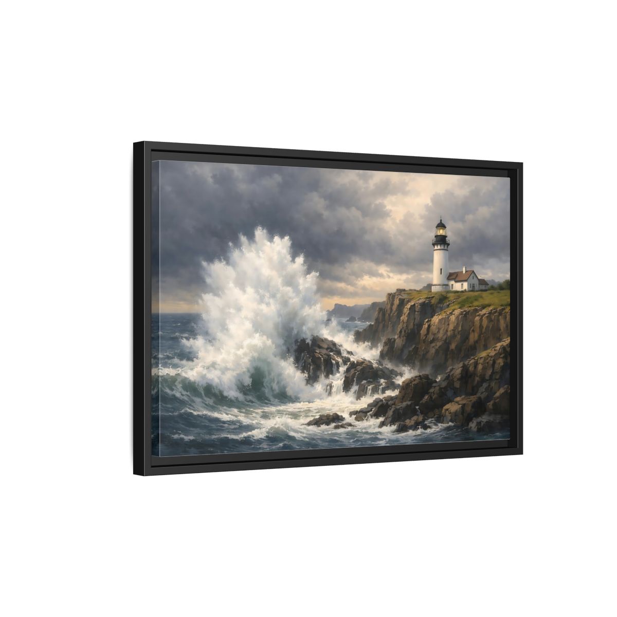 Side Mockup 3. Nature Lighthouse Waves Coastal Storm shown as stretched canvas wall art