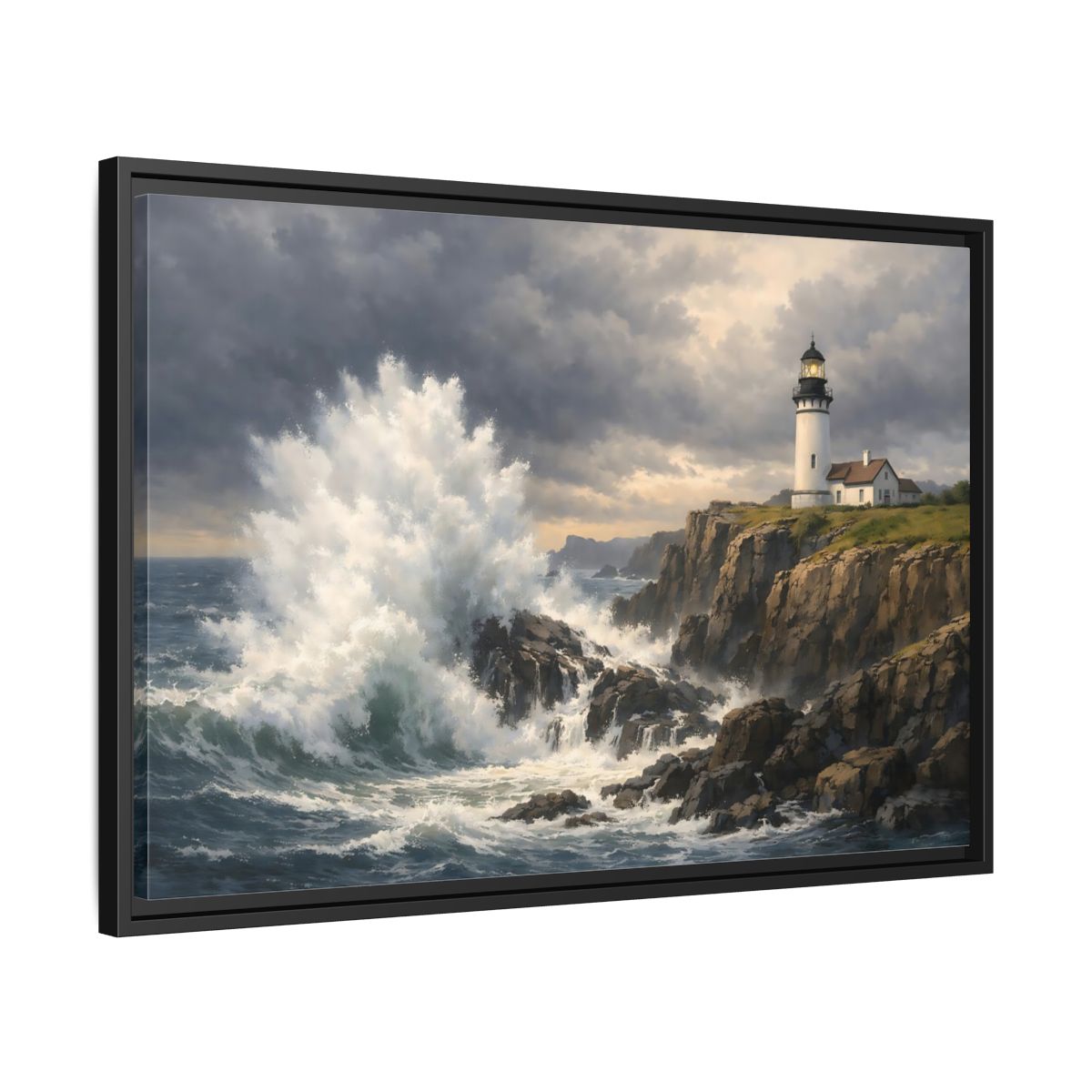 Side Mockup 14. Nature Lighthouse Waves Coastal Storm shown as stretched canvas wall art