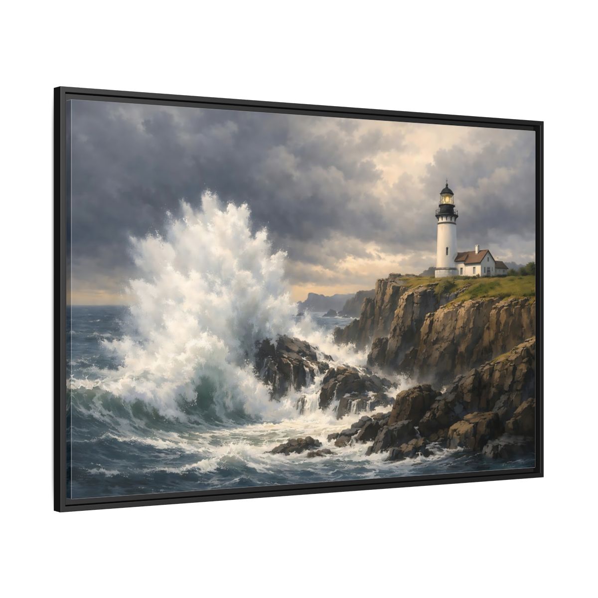 Side Mockup 12. Nature Lighthouse Waves Coastal Storm shown as stretched canvas wall art