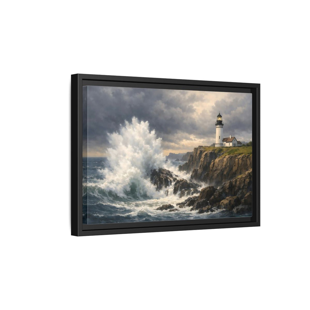 Side Mockup 6. Nature Lighthouse Waves Coastal Storm shown as stretched canvas wall art