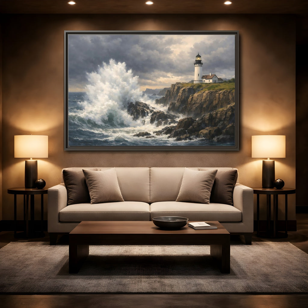 Mockup 2. Nature Lighthouse Waves Coastal Storm shown as stretched canvas wall art