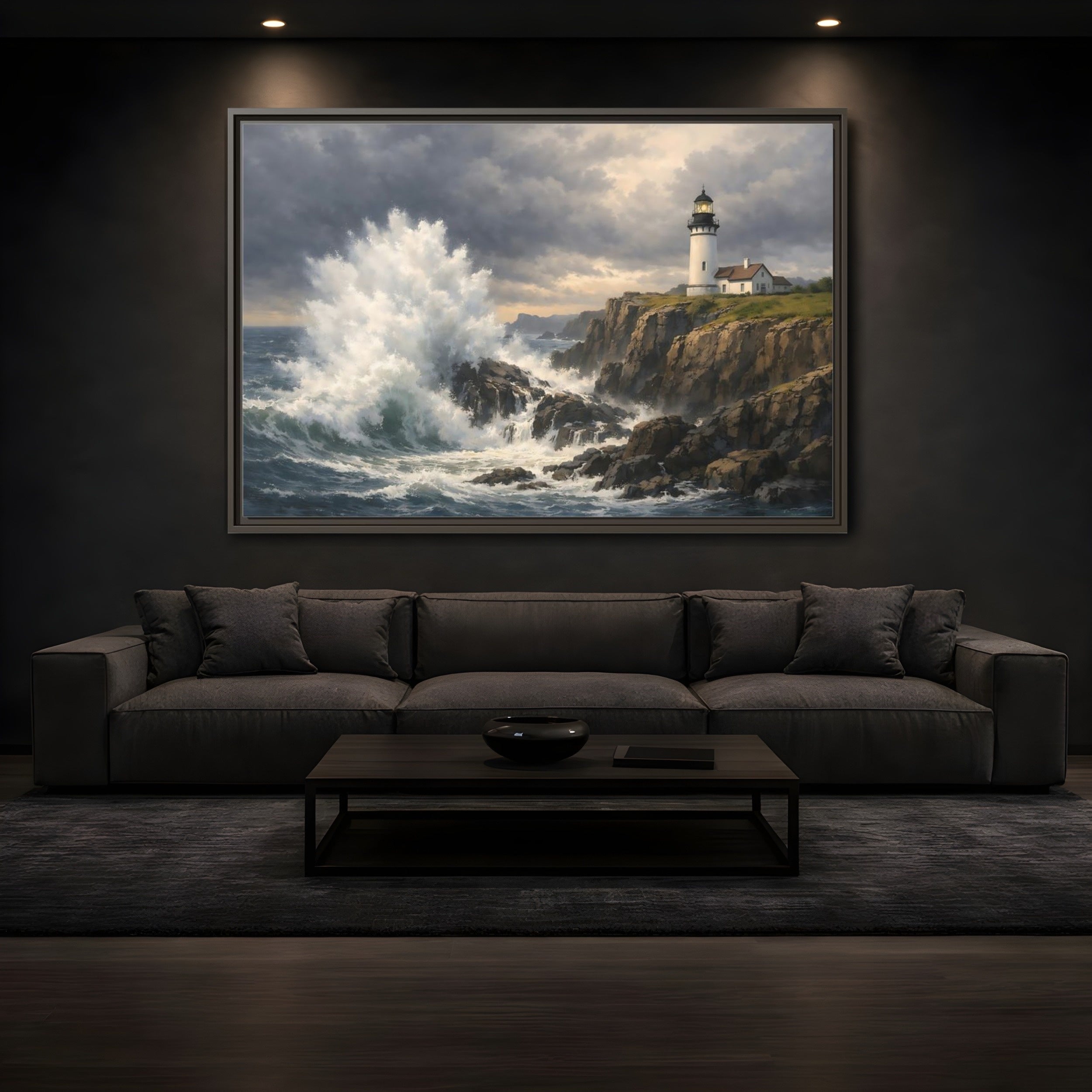 Mockup 3. Nature Lighthouse Waves Coastal Storm shown as stretched canvas wall art