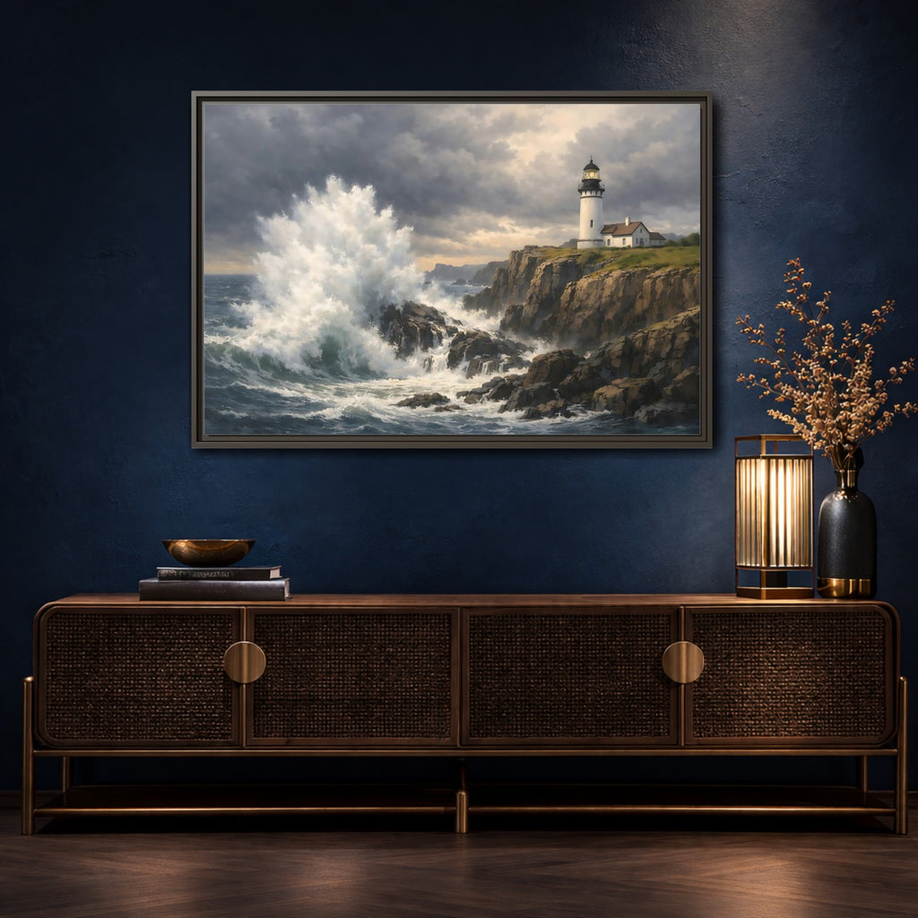 Mockup 4. Nature Lighthouse Waves Coastal Storm shown as stretched canvas wall art