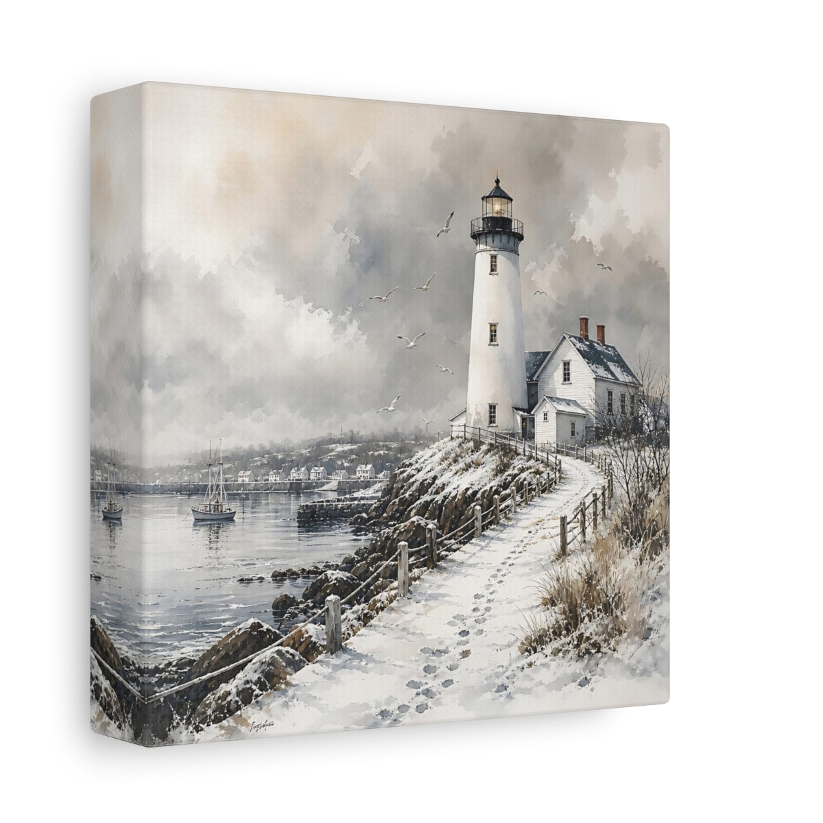 Side Mockup 2. Nature Lighthouse Winter Lighthouse shown as stretched canvas wall art
