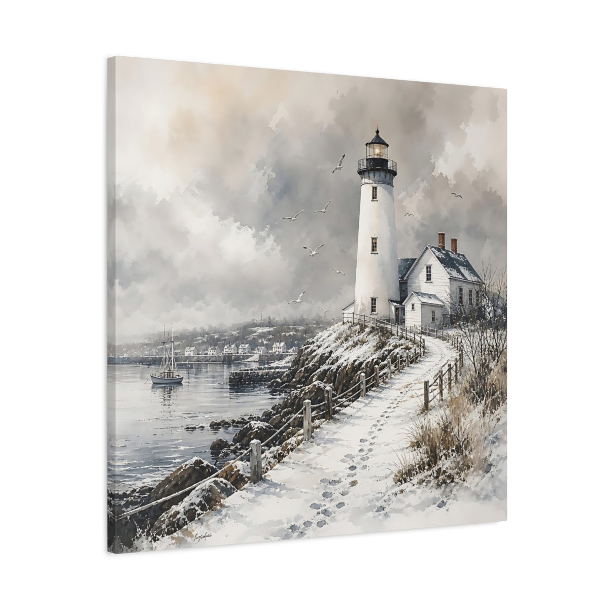 Side Mockup 3. Nature Lighthouse Winter Lighthouse shown as stretched canvas wall art