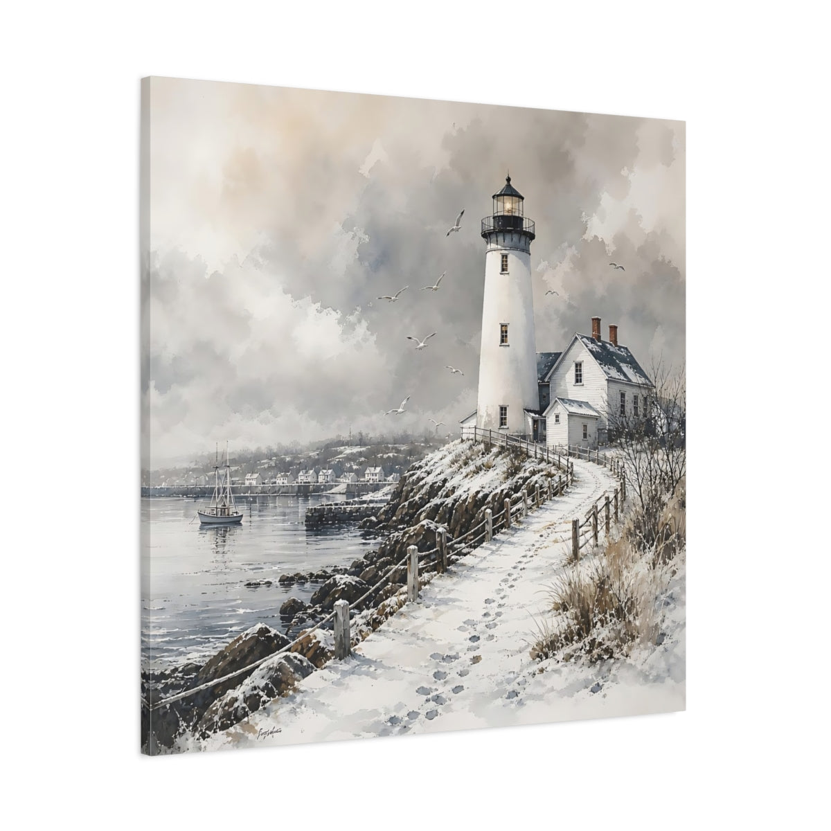 Side Mockup 1. Nature Lighthouse Winter Lighthouse shown as stretched canvas wall art