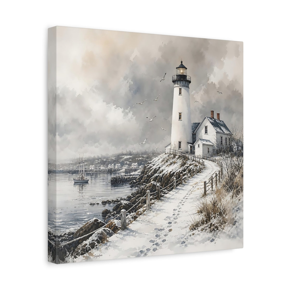 Side Mockup 7. Nature Lighthouse Winter Lighthouse shown as stretched canvas wall art