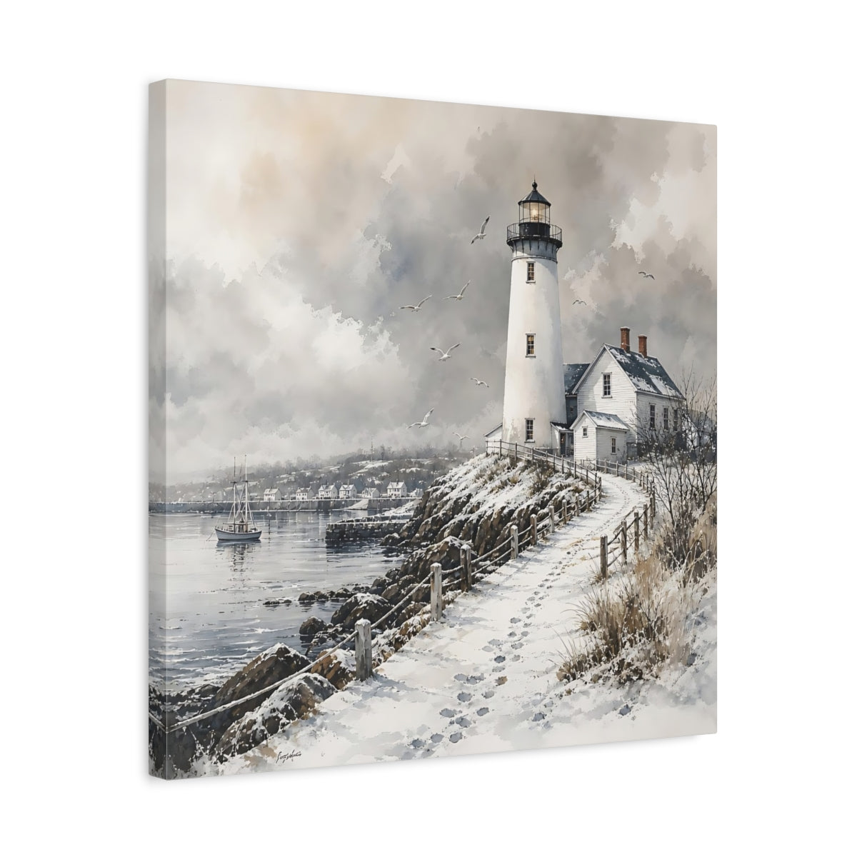 Side Mockup 5. Nature Lighthouse Winter Lighthouse shown as stretched canvas wall art