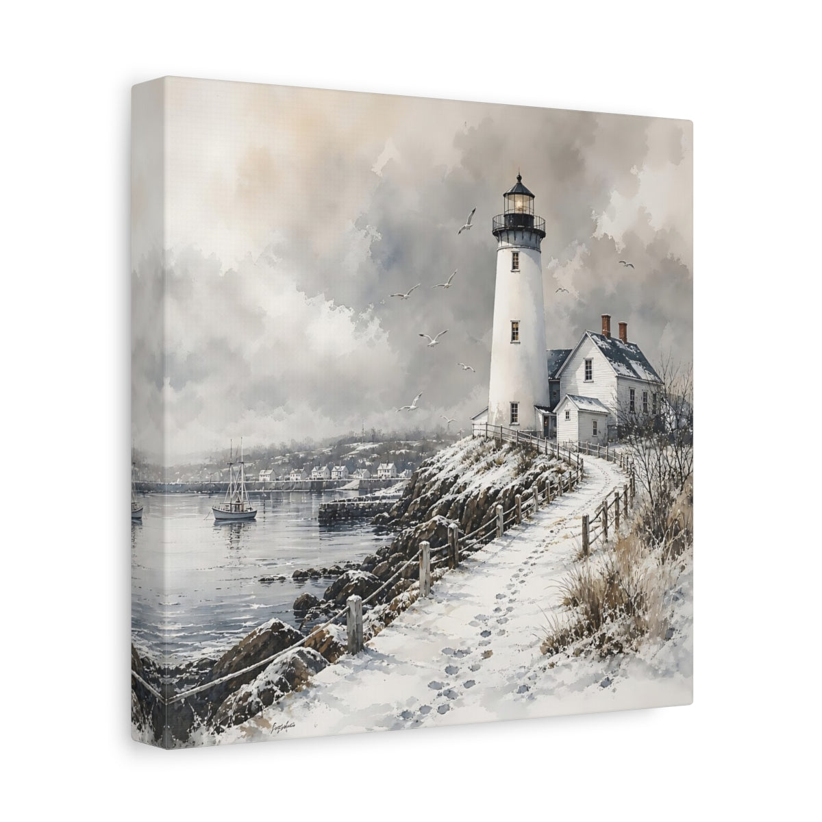 Side Mockup 9. Nature Lighthouse Winter Lighthouse shown as stretched canvas wall art