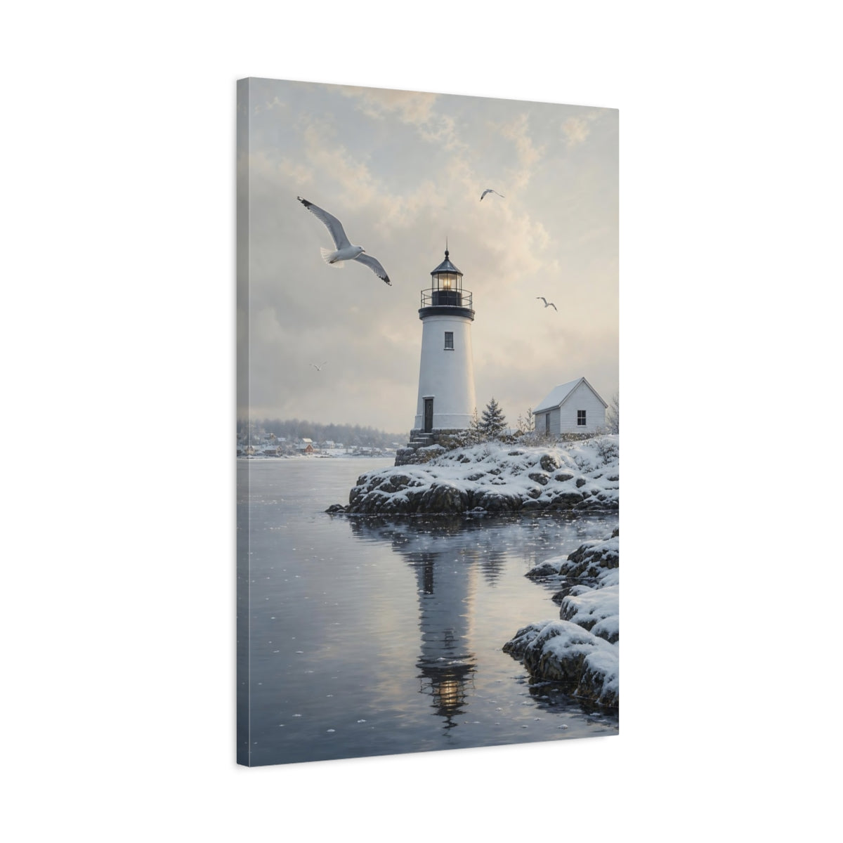 Side Mockup 2. Nature Lighthouse Winter Lighthouse shown as stretched canvas wall art