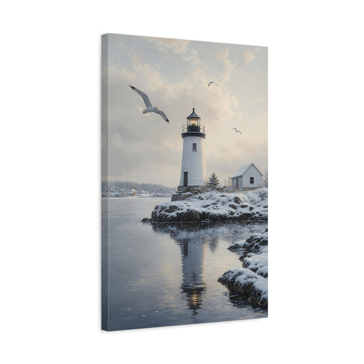 Side Mockup 3. Nature Lighthouse Winter Lighthouse shown as stretched canvas wall art