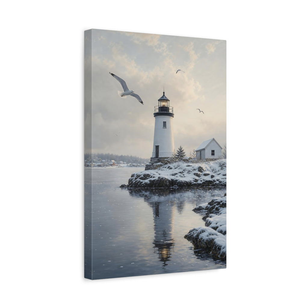 Side Mockup 4. Nature Lighthouse Winter Lighthouse shown as stretched canvas wall art