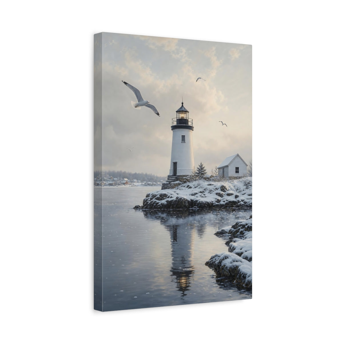 Side Mockup 4. Nature Lighthouse Winter Lighthouse shown as stretched canvas wall art