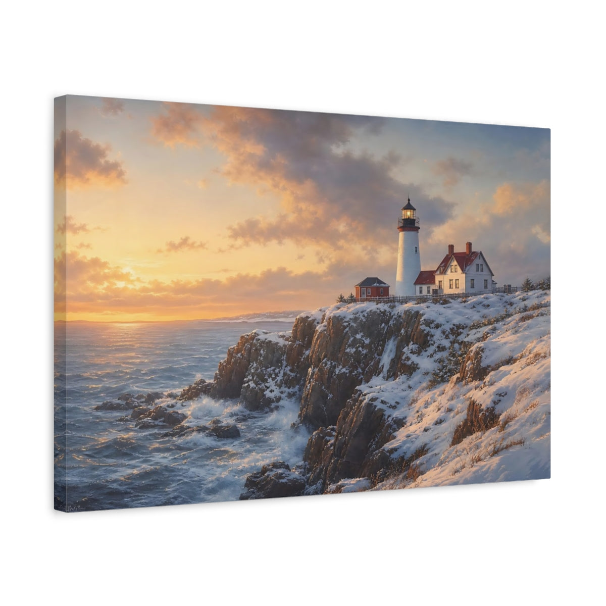Side Mockup 3. Nature Lighthouse Winter Lighthouse shown as stretched canvas wall art