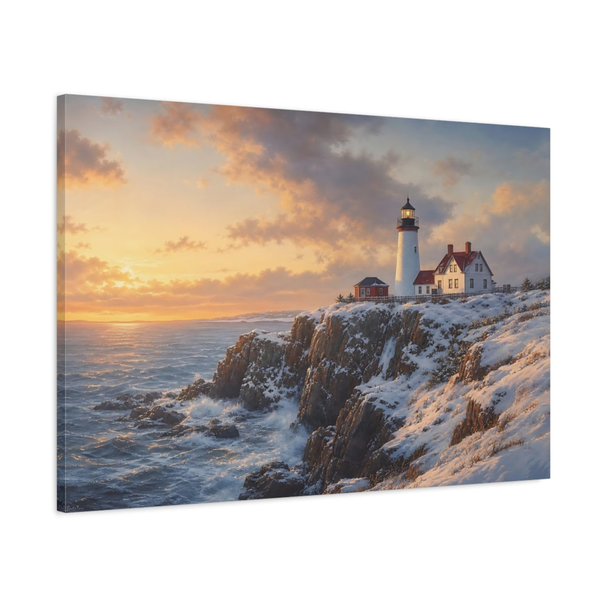 Main Mockup. Nature Lighthouse Winter Lighthouse shown as stretched canvas wall art