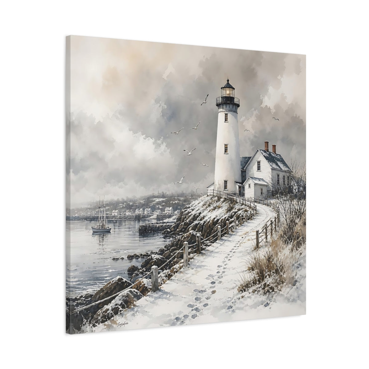 Main Mockup. Nature Lighthouse Winter Lighthouse shown as stretched canvas wall art