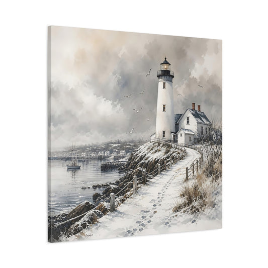 Main Mockup. Nature Lighthouse Winter Lighthouse shown as stretched canvas wall art