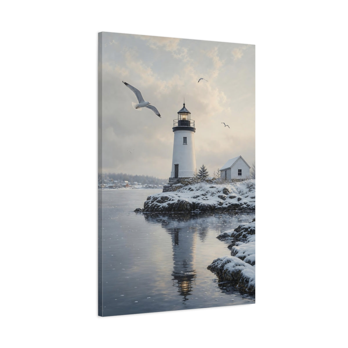 Main Mockup. Nature Lighthouse Winter Lighthouse shown as stretched canvas wall art