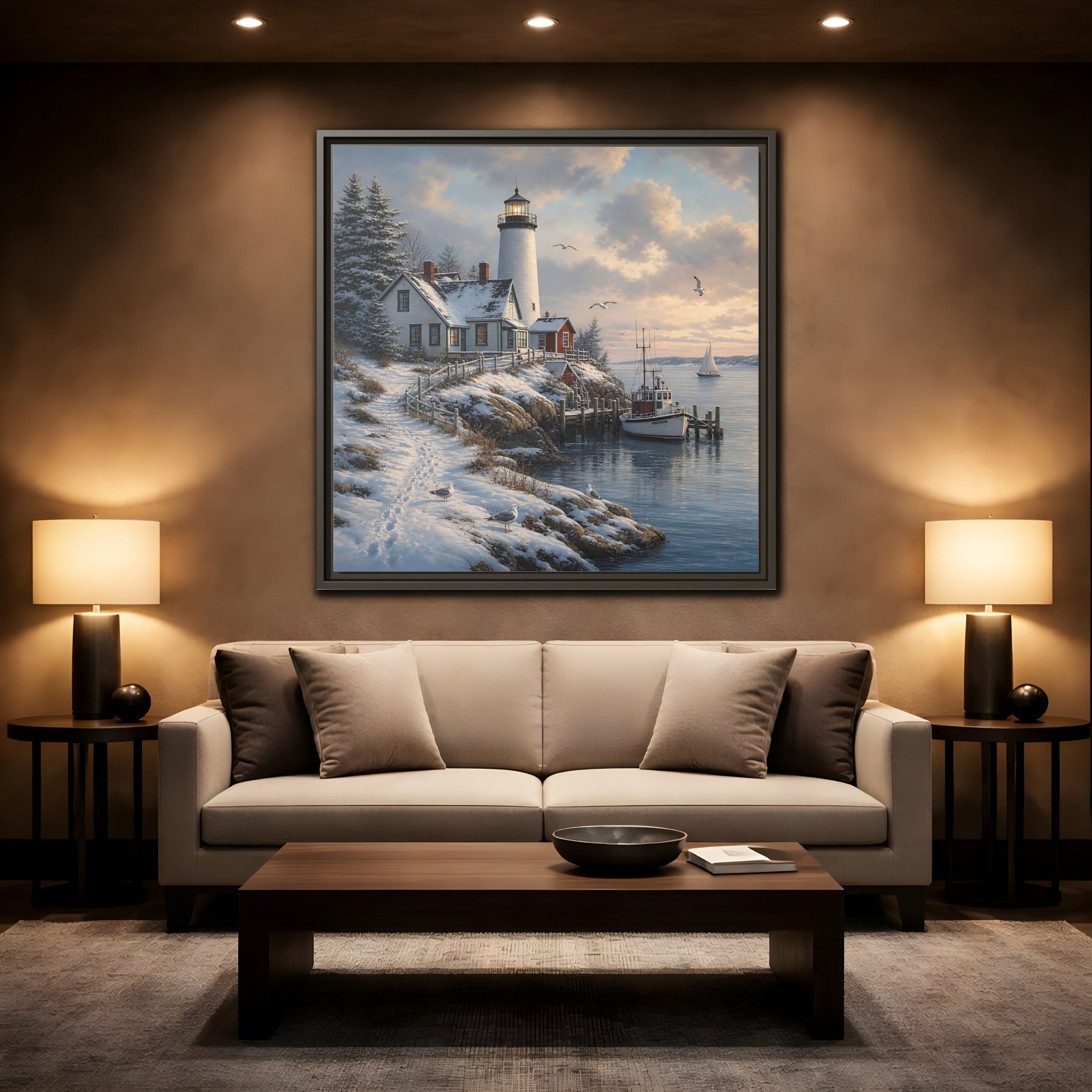 Mockup 2. Nature Lighthouse Winter Lighthouse Coast shown as stretched canvas wall art
