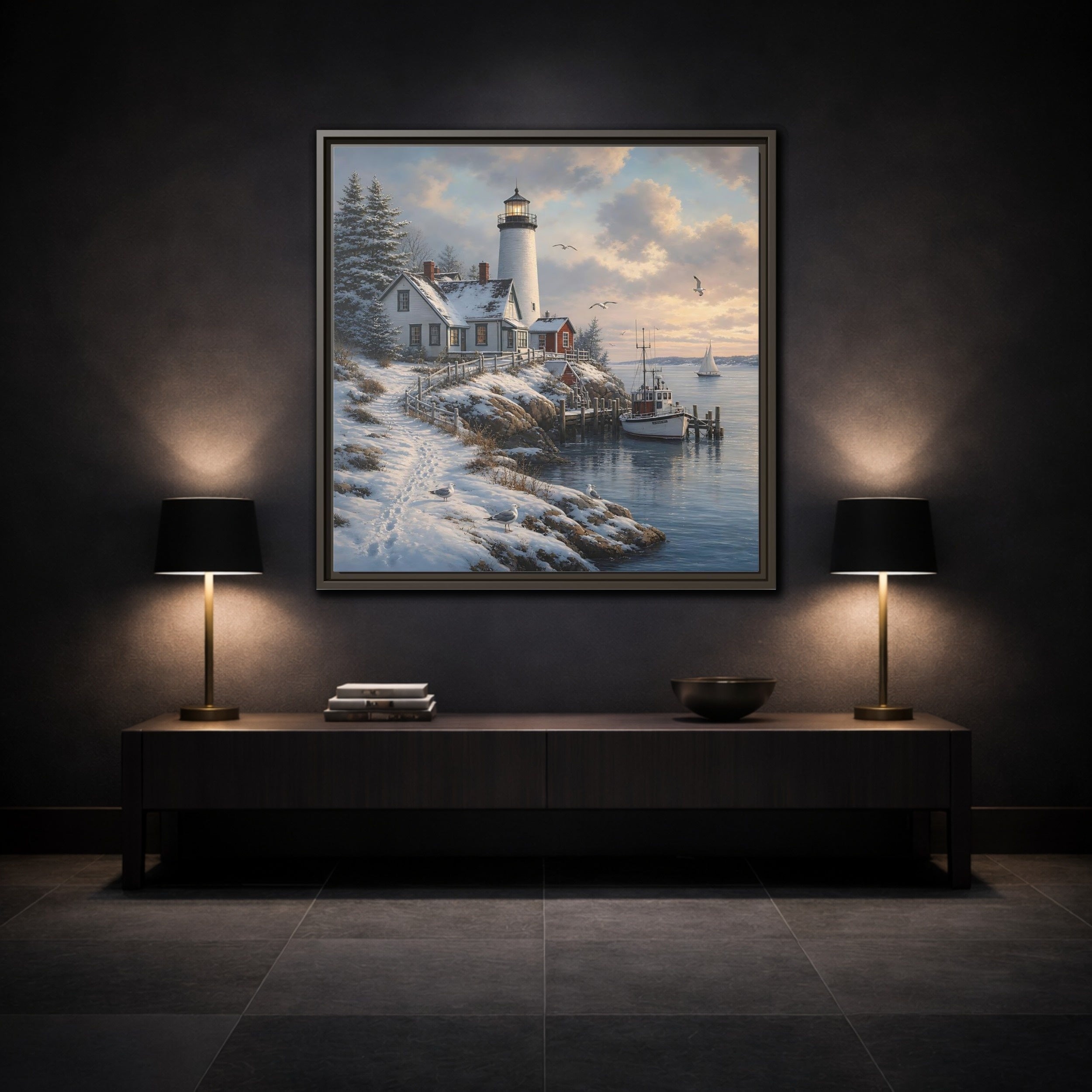 Mockup 3. Nature Lighthouse Winter Lighthouse Coast shown as stretched canvas wall art
