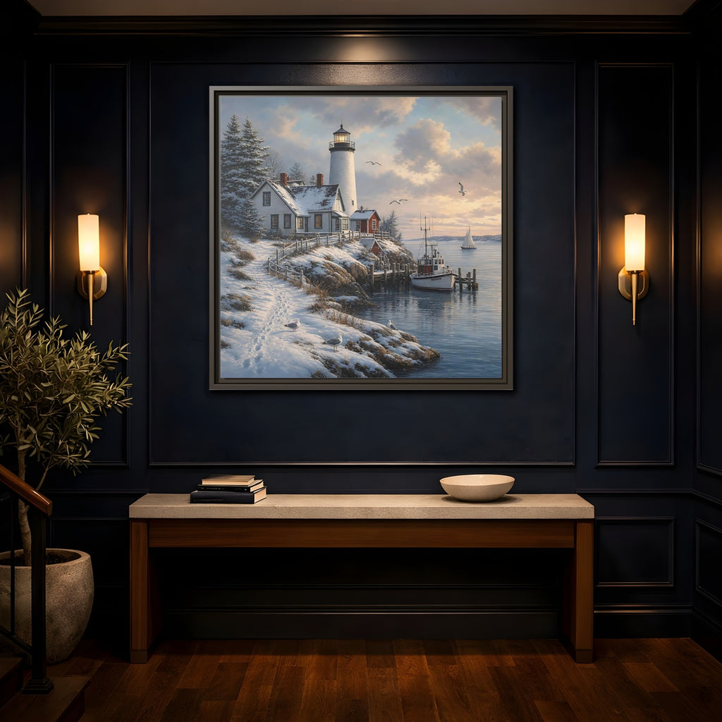 Mockup 4. Nature Lighthouse Winter Lighthouse Coast shown as stretched canvas wall art