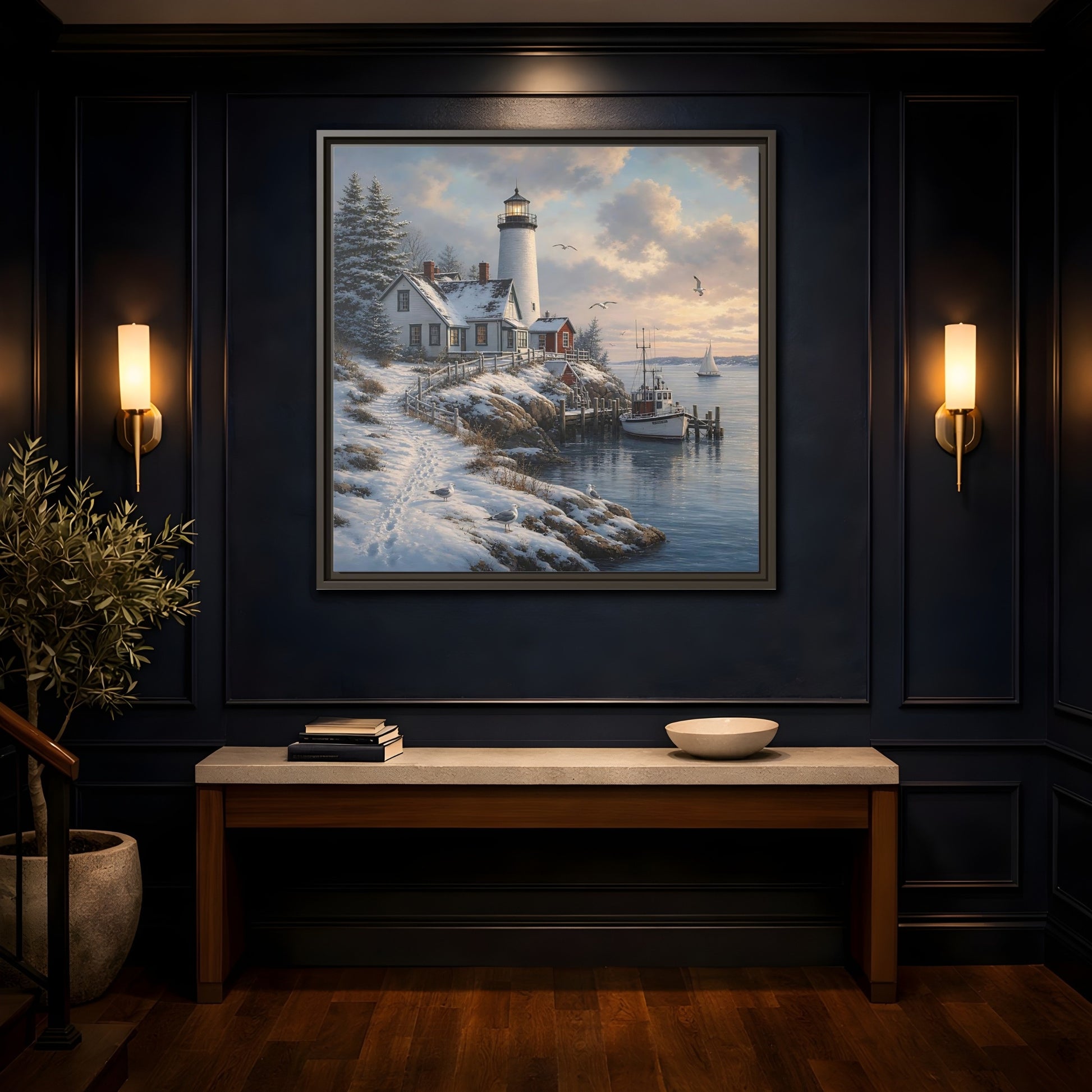 Mockup 4. Nature Lighthouse Winter Lighthouse Coast shown as stretched canvas wall art