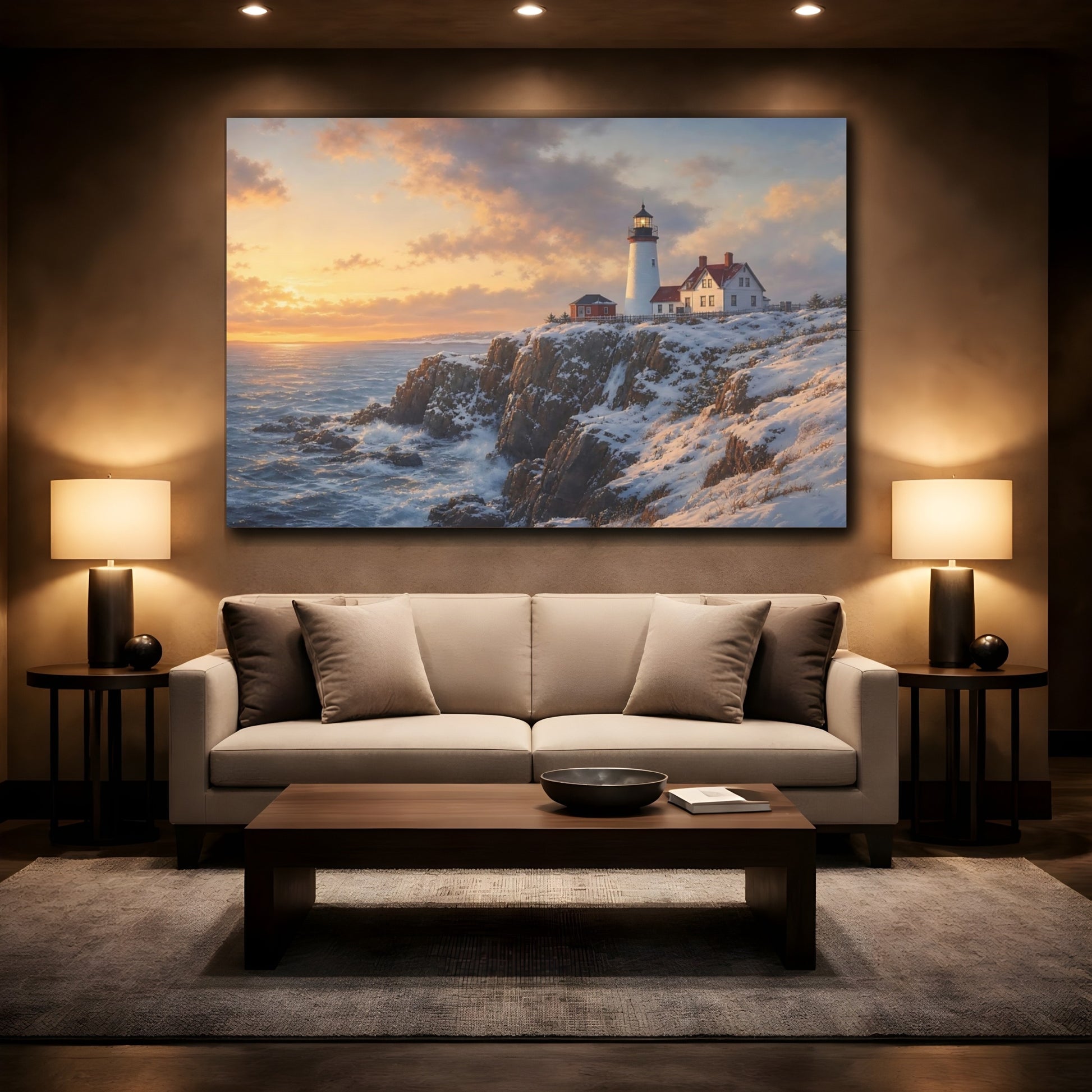 Mockup 2. Nature Lighthouse Winter Lighthouse shown as stretched canvas wall art