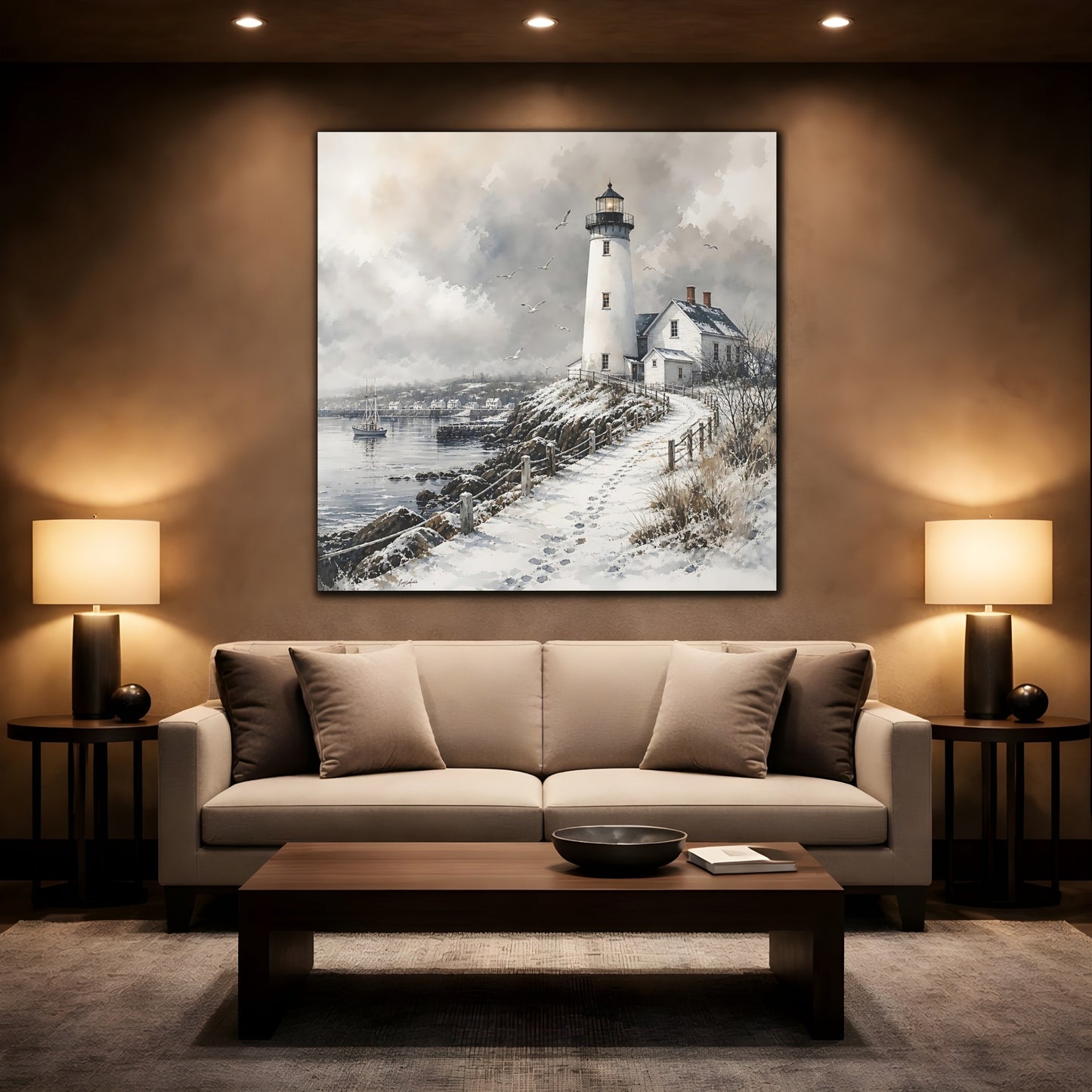 Mockup 2. Nature Lighthouse Winter Lighthouse shown as stretched canvas wall art