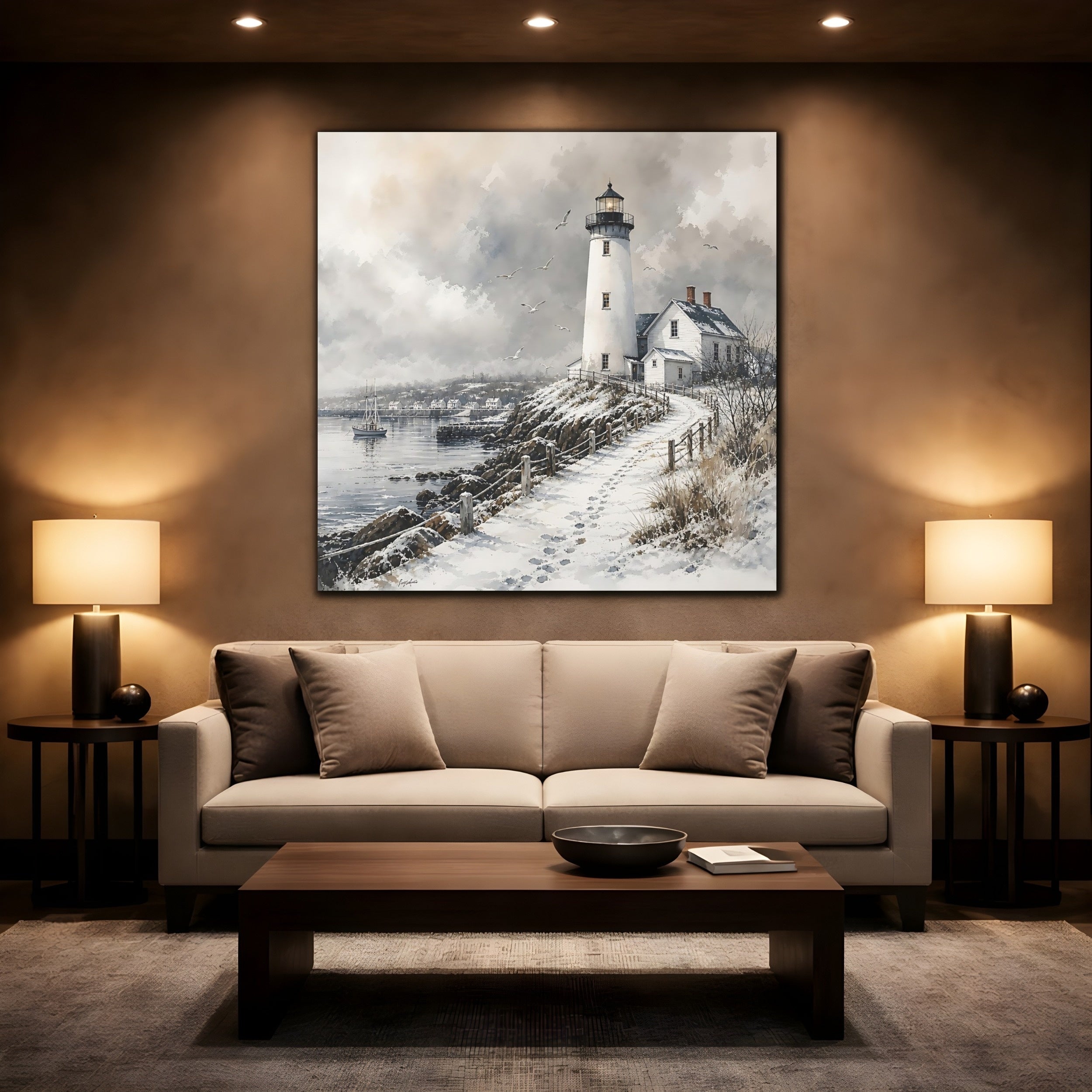 Mockup 2. Nature Lighthouse Winter Lighthouse shown as stretched canvas wall art