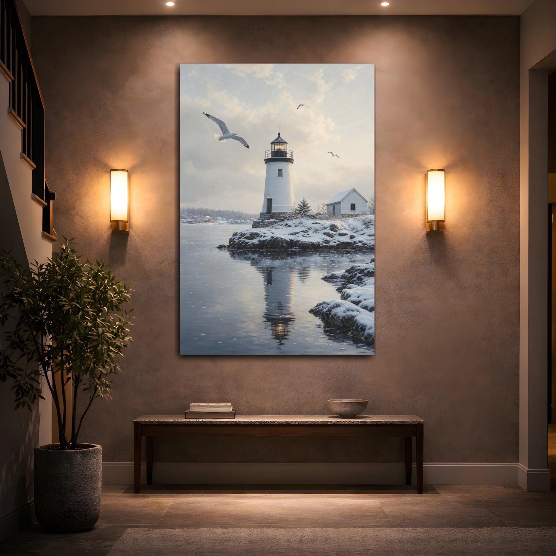 Mockup 2. Nature Lighthouse Winter Lighthouse shown as stretched canvas wall art