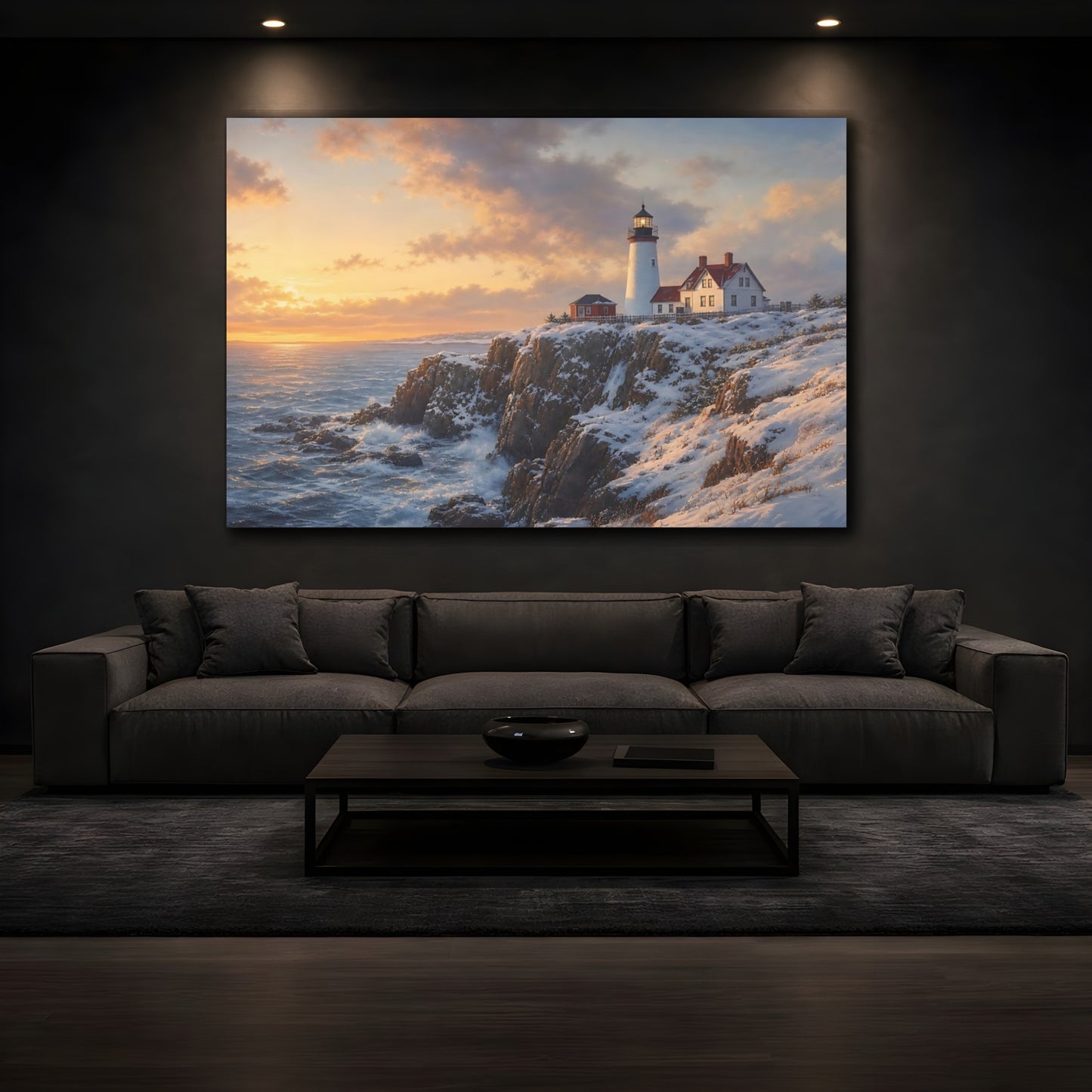 Mockup 3. Nature Lighthouse Winter Lighthouse shown as stretched canvas wall art