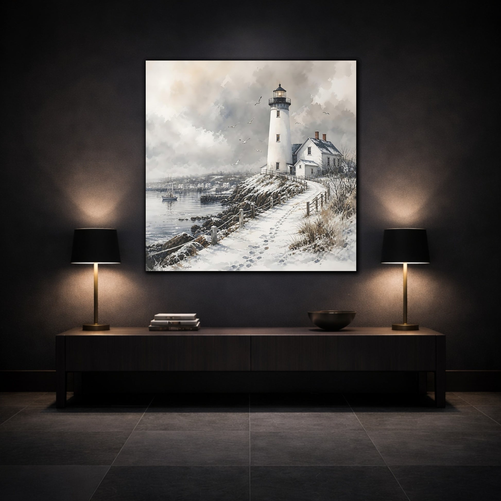 Mockup 3. Nature Lighthouse Winter Lighthouse shown as stretched canvas wall art