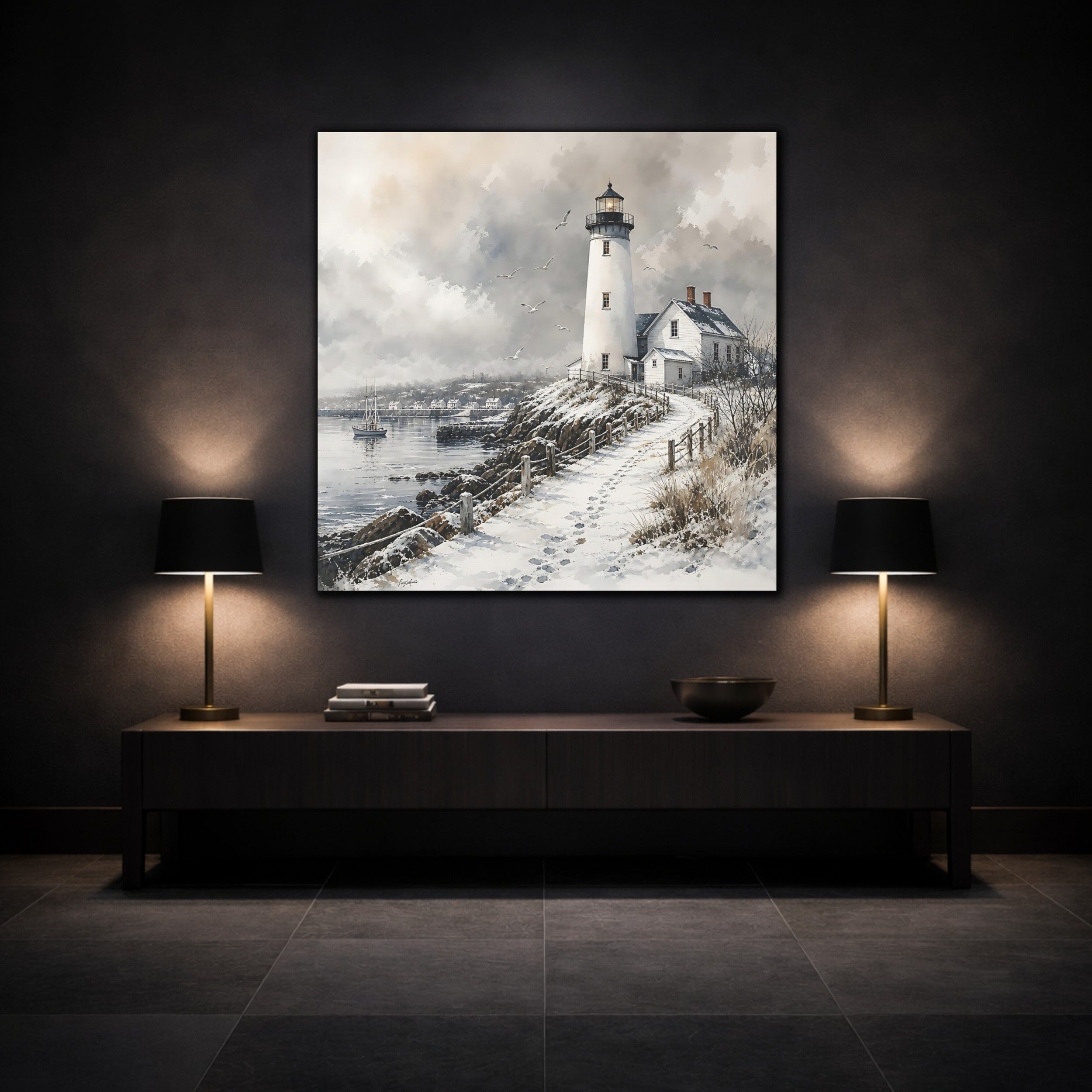 Mockup 3. Nature Lighthouse Winter Lighthouse shown as stretched canvas wall art