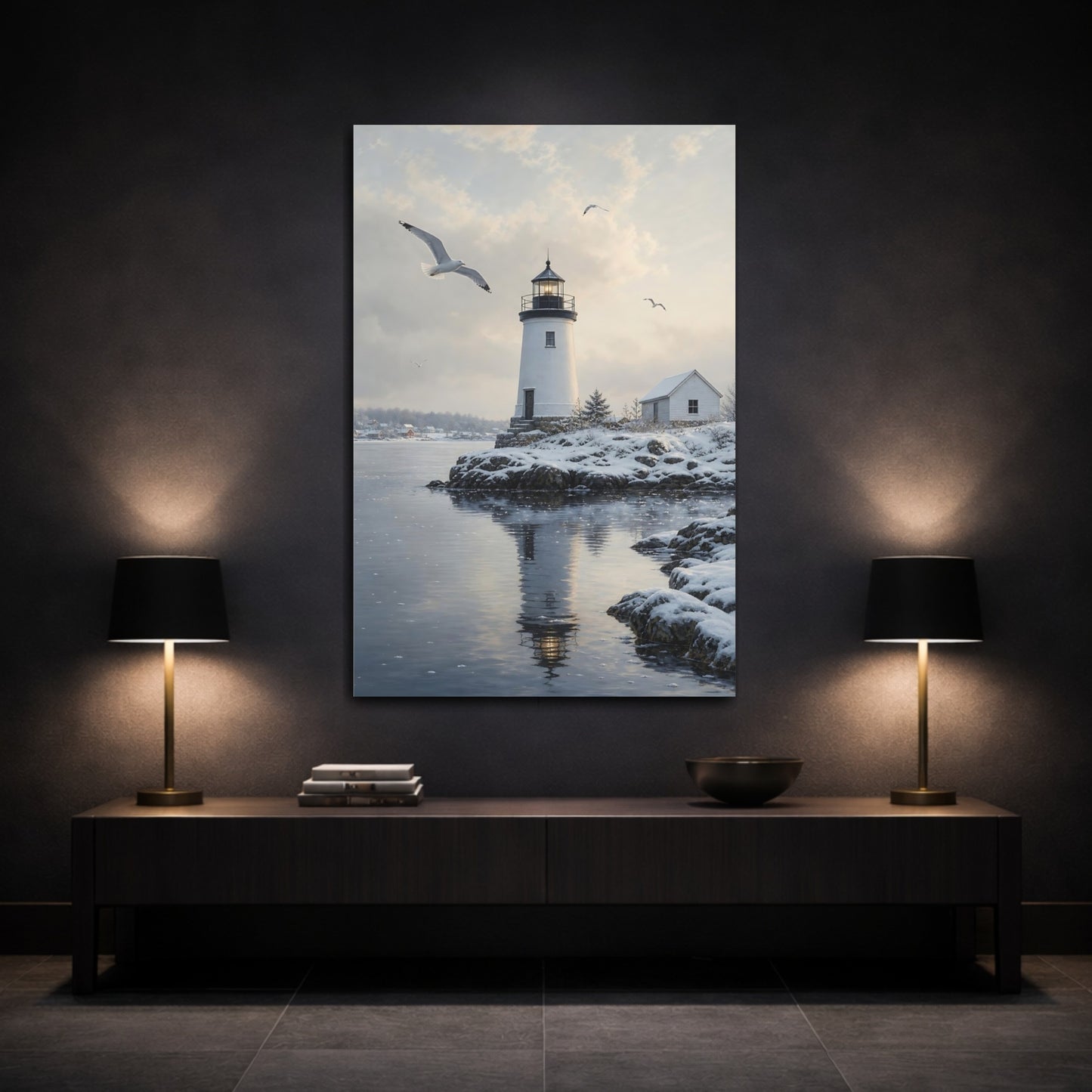 Mockup 3. Nature Lighthouse Winter Lighthouse shown as stretched canvas wall art