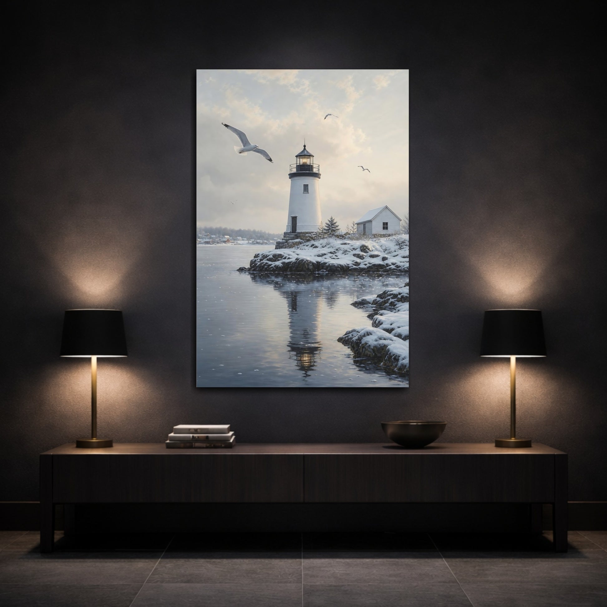 Mockup 3. Nature Lighthouse Winter Lighthouse shown as stretched canvas wall art