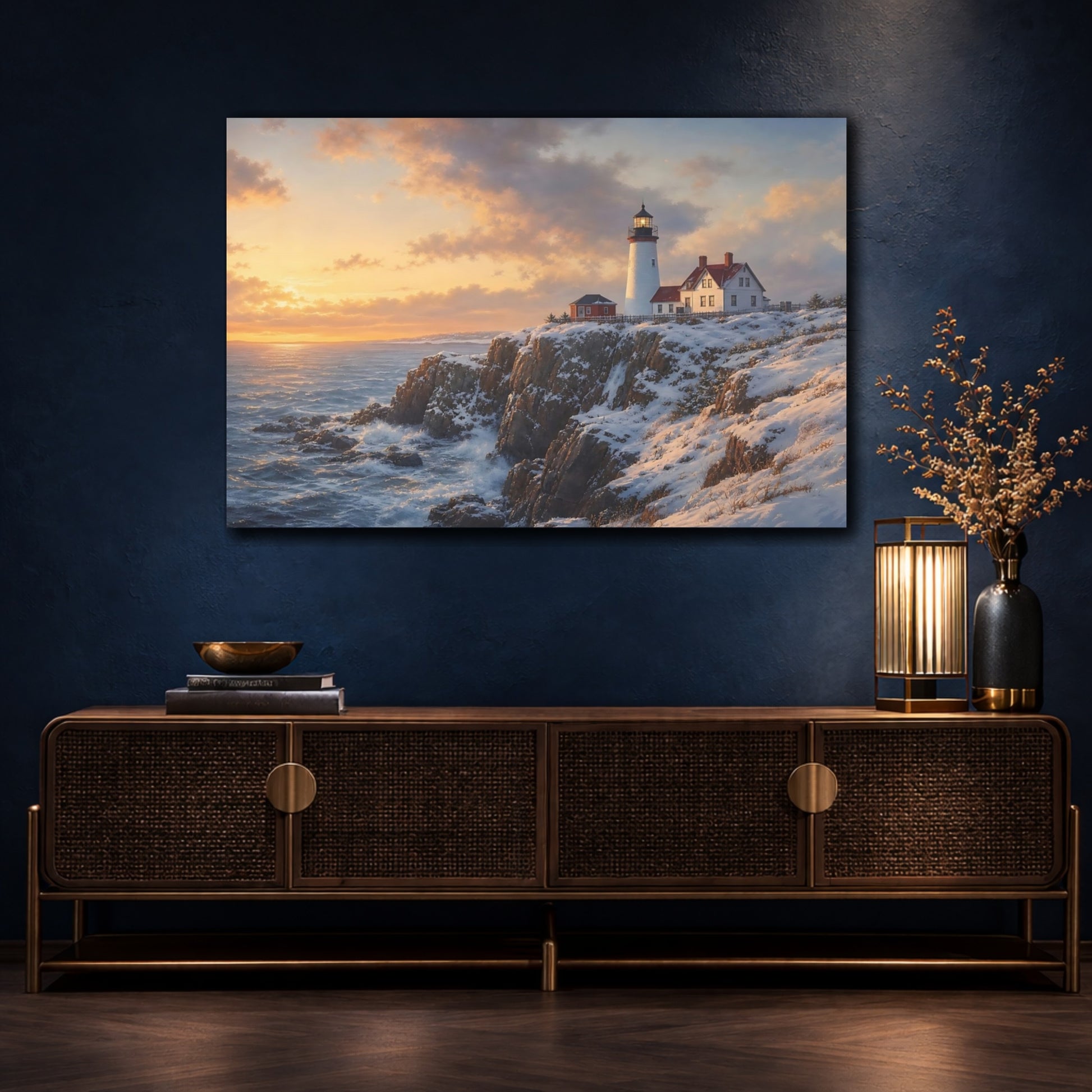 Mockup 4. Nature Lighthouse Winter Lighthouse shown as stretched canvas wall art