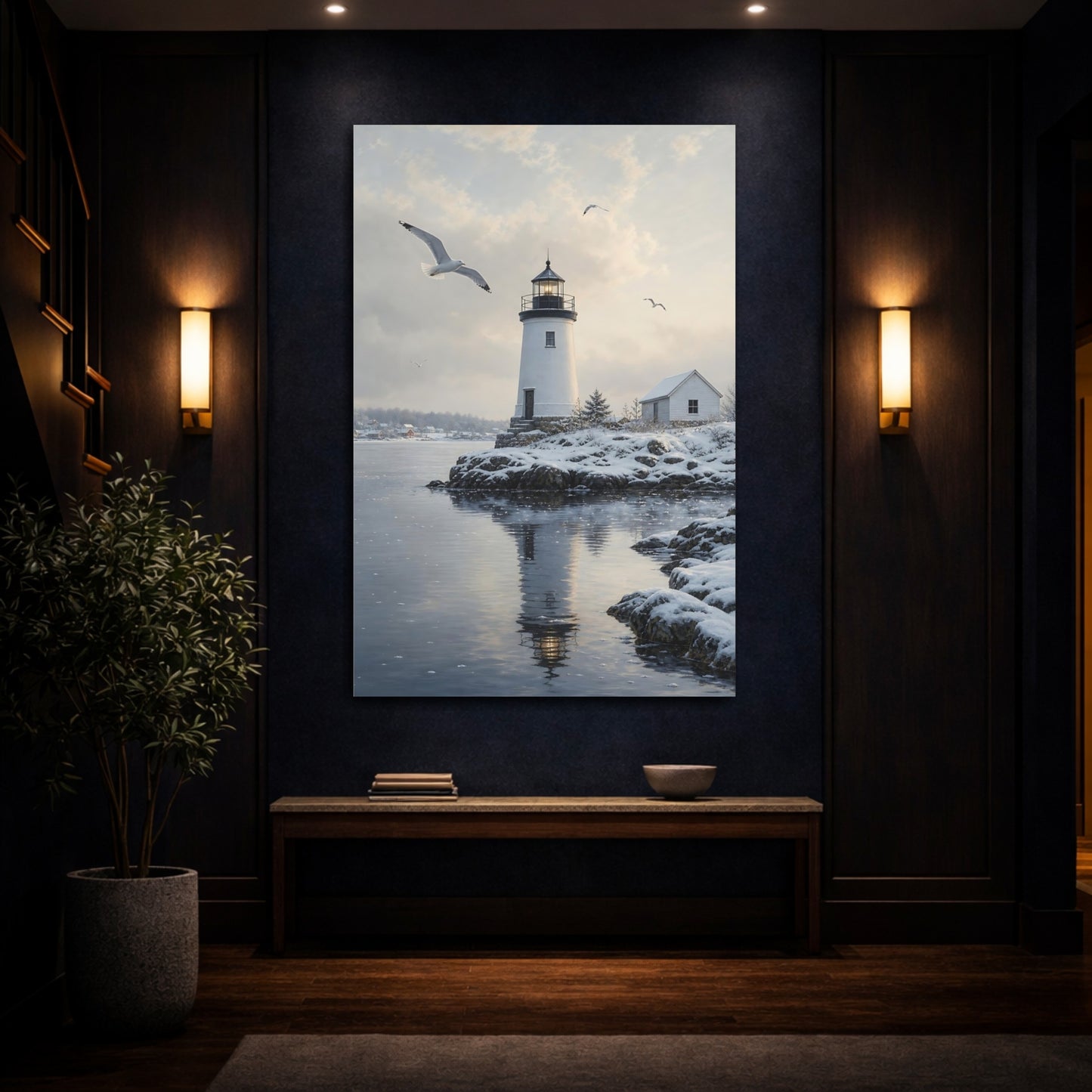 Mockup 4. Nature Lighthouse Winter Lighthouse shown as stretched canvas wall art