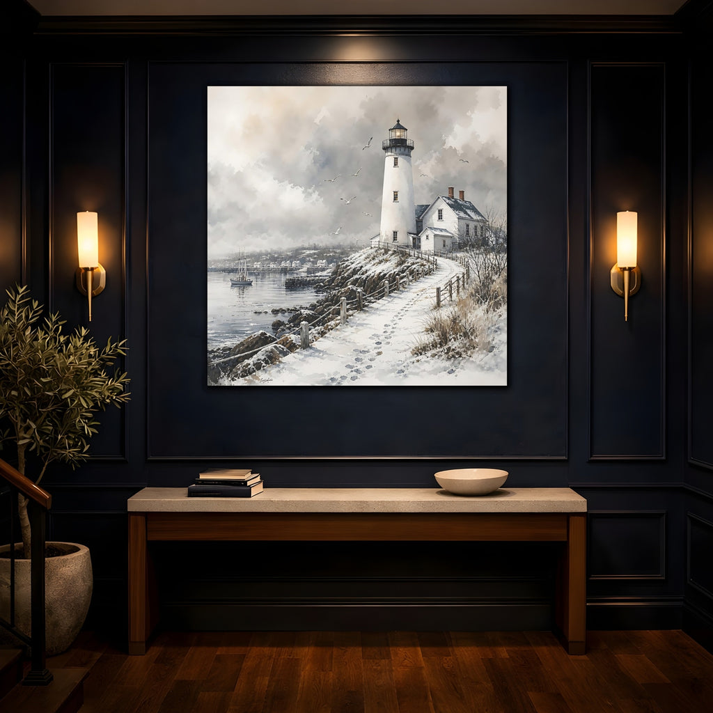 Mockup 4. Nature Lighthouse Winter Lighthouse shown as stretched canvas wall art