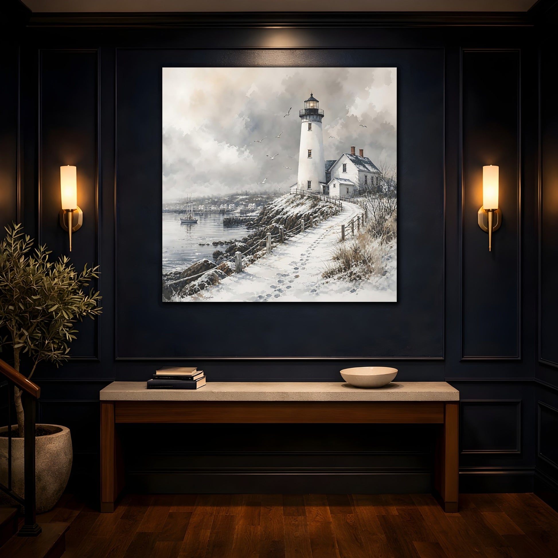 Mockup 4. Nature Lighthouse Winter Lighthouse shown as stretched canvas wall art
