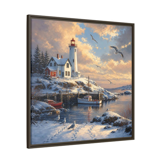 Main Mockup. Nature Lighthouse Winter Lighthouse Scene shown as stretched canvas wall art