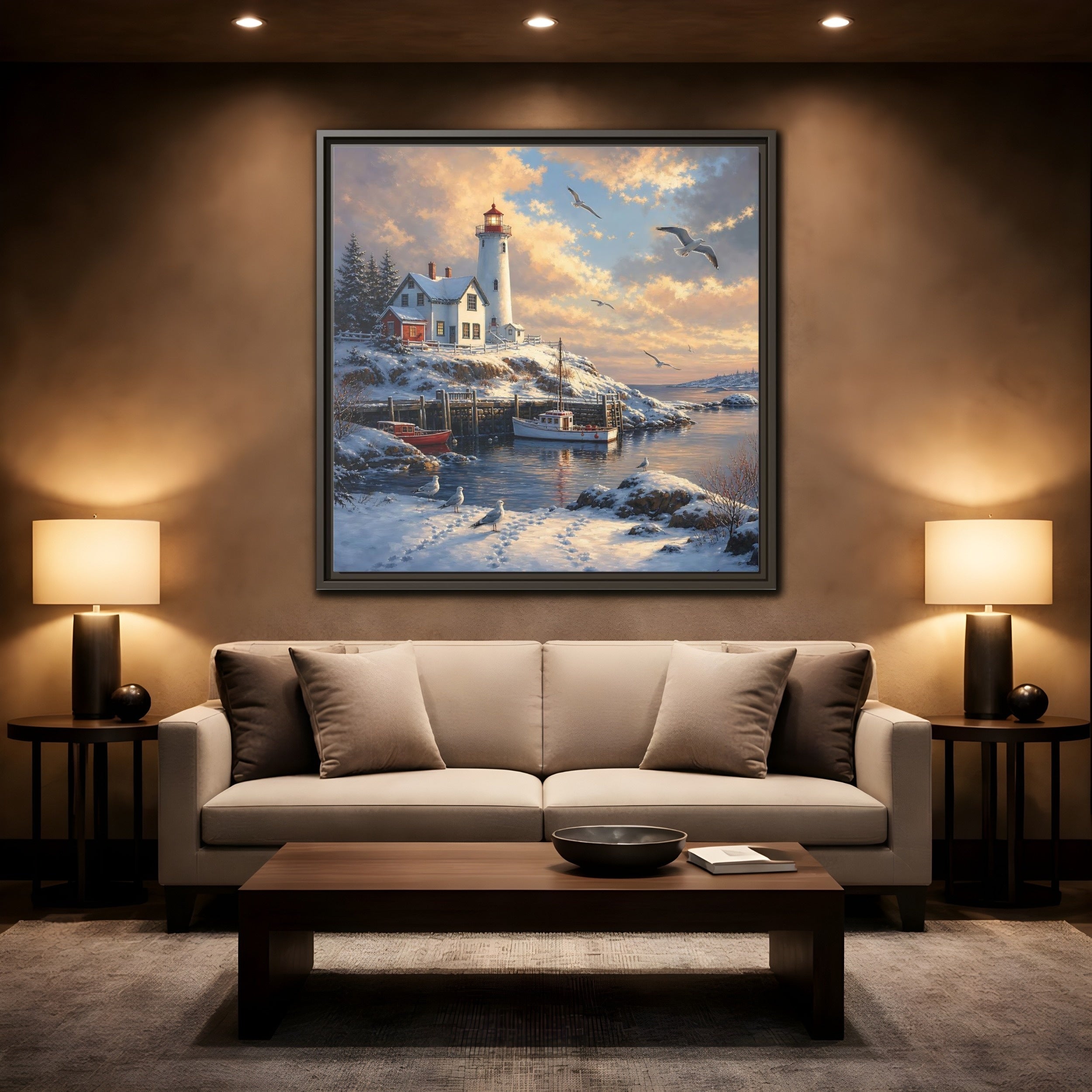 Mockup 2. Nature Lighthouse Winter Lighthouse Scene shown as stretched canvas wall art