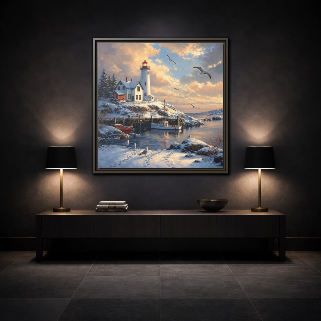 Mockup 3. Nature Lighthouse Winter Lighthouse Scene shown as stretched canvas wall art