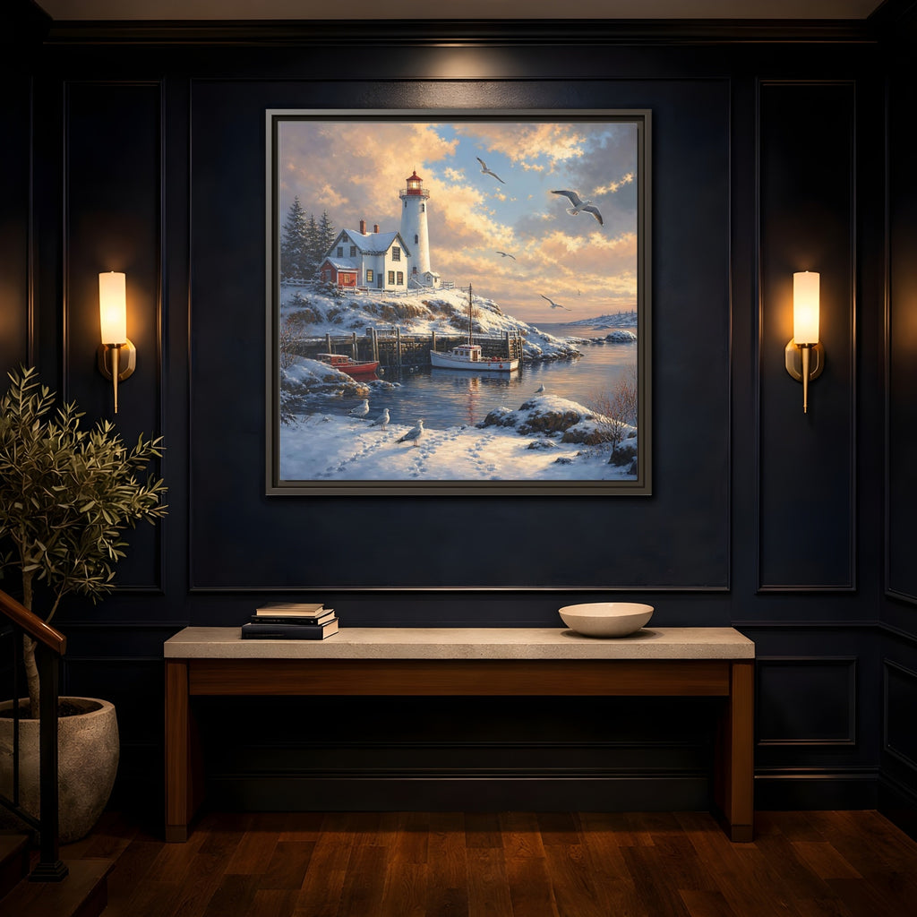 Mockup 4. Nature Lighthouse Winter Lighthouse Scene shown as stretched canvas wall art