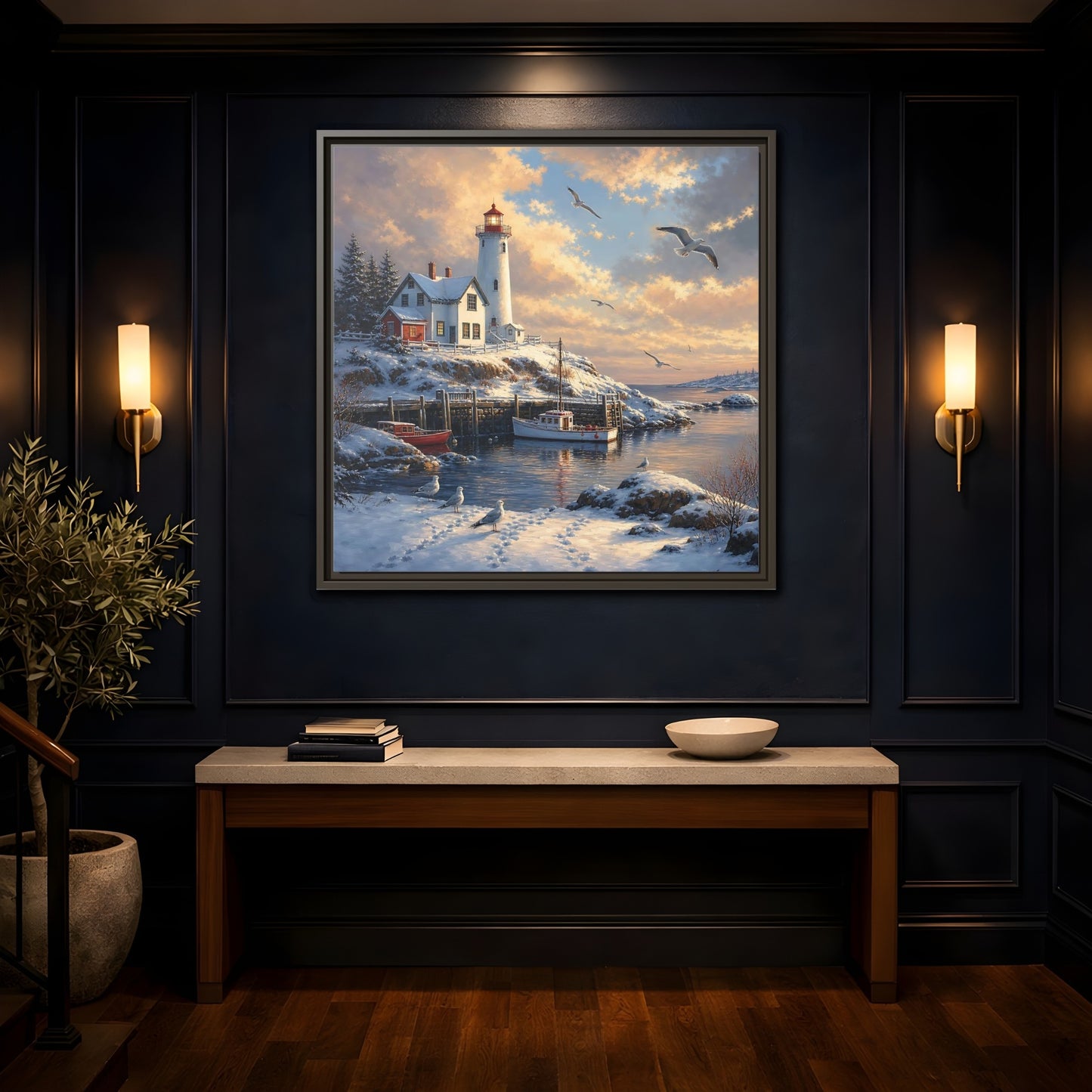 Mockup 4. Nature Lighthouse Winter Lighthouse Scene shown as stretched canvas wall art