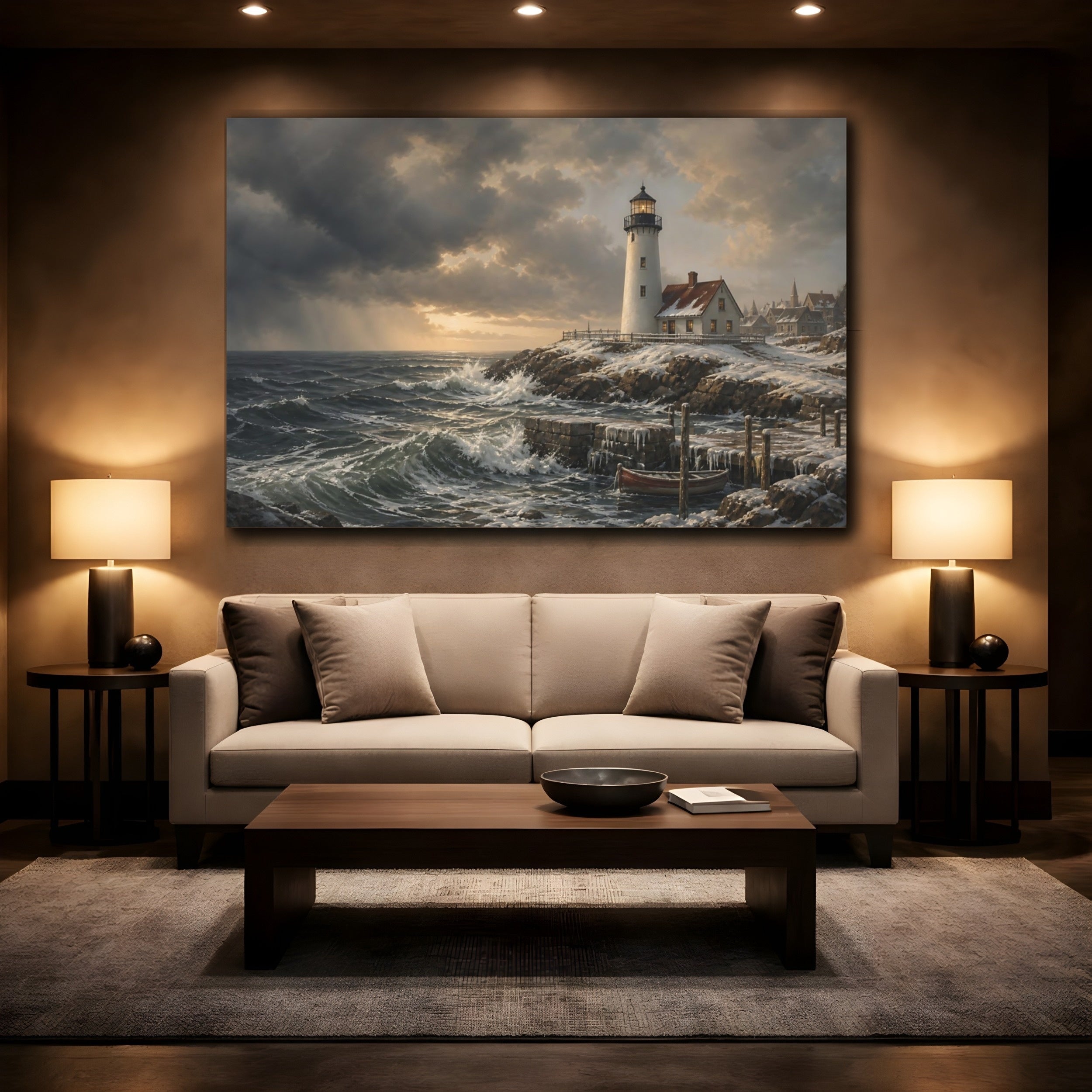 Mockup 2. Nature Lighthouse Winter Lighthouse Seascape shown as stretched canvas wall art