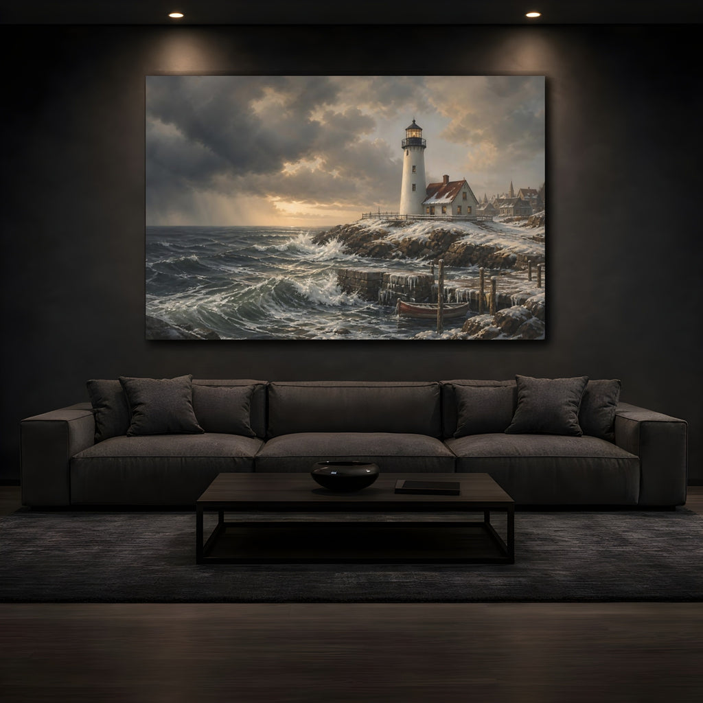 Mockup 3. Nature Lighthouse Winter Lighthouse Seascape shown as stretched canvas wall art