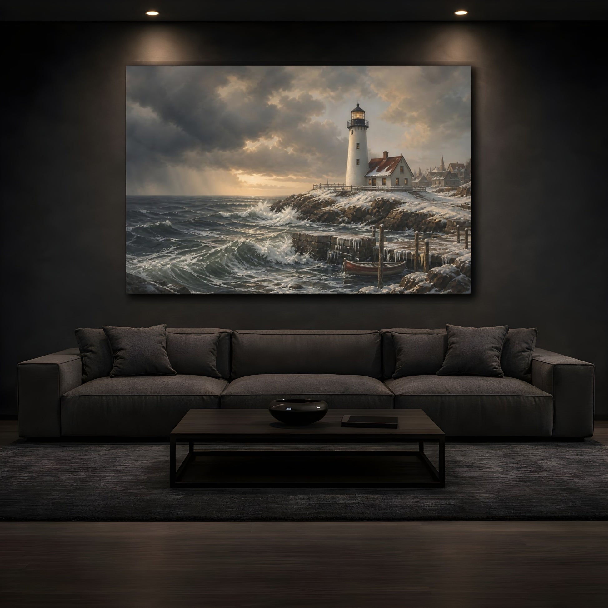 Mockup 3. Nature Lighthouse Winter Lighthouse Seascape shown as stretched canvas wall art