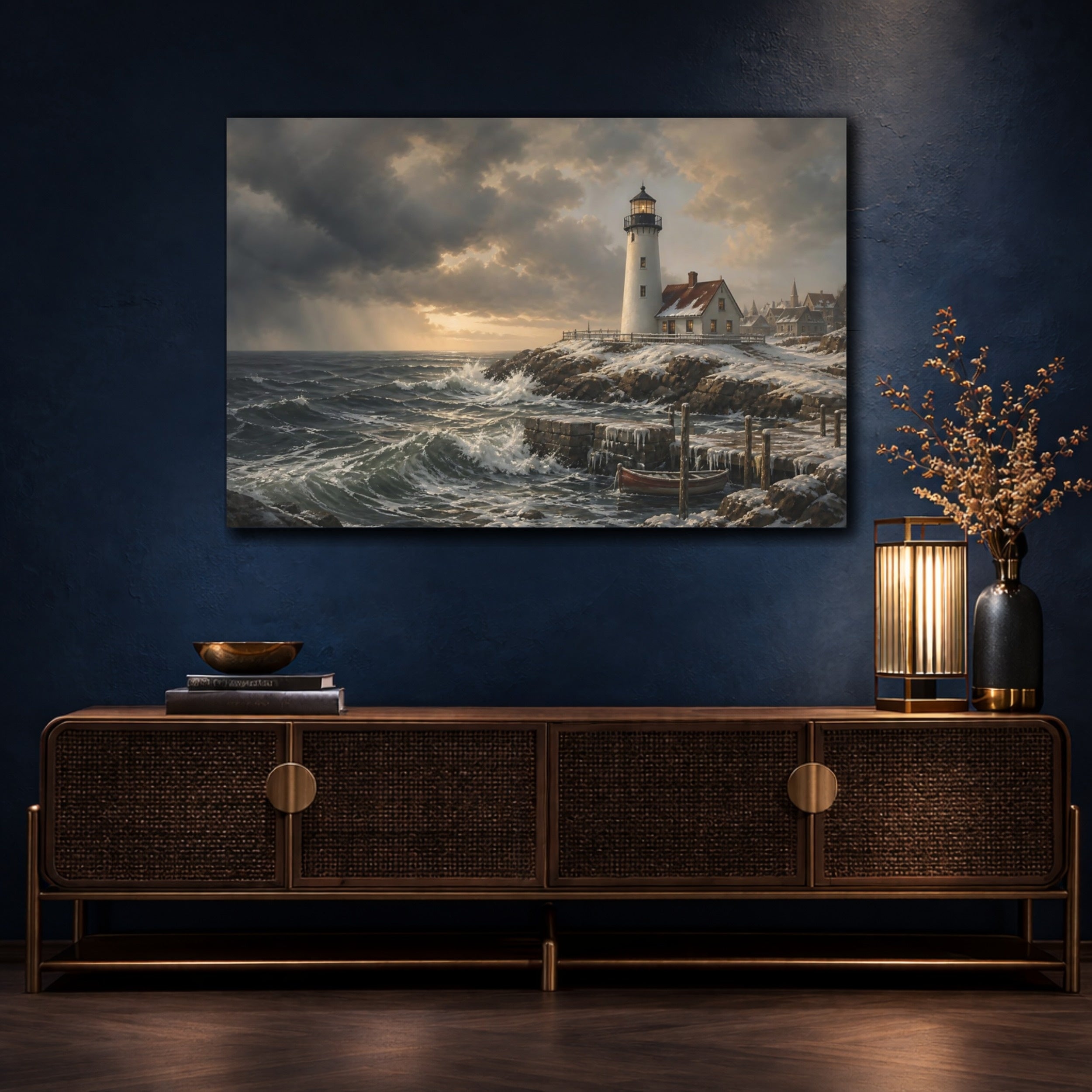 Mockup 4. Nature Lighthouse Winter Lighthouse Seascape shown as stretched canvas wall art