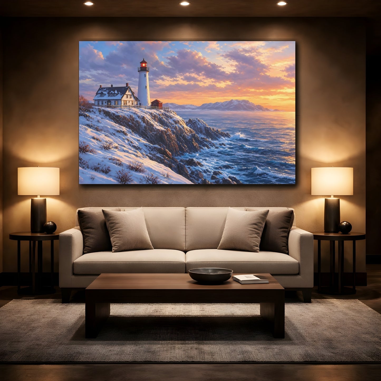 Mockup 2. Nature Lighthouse Winter Lighthouse Sunset shown as stretched canvas wall art